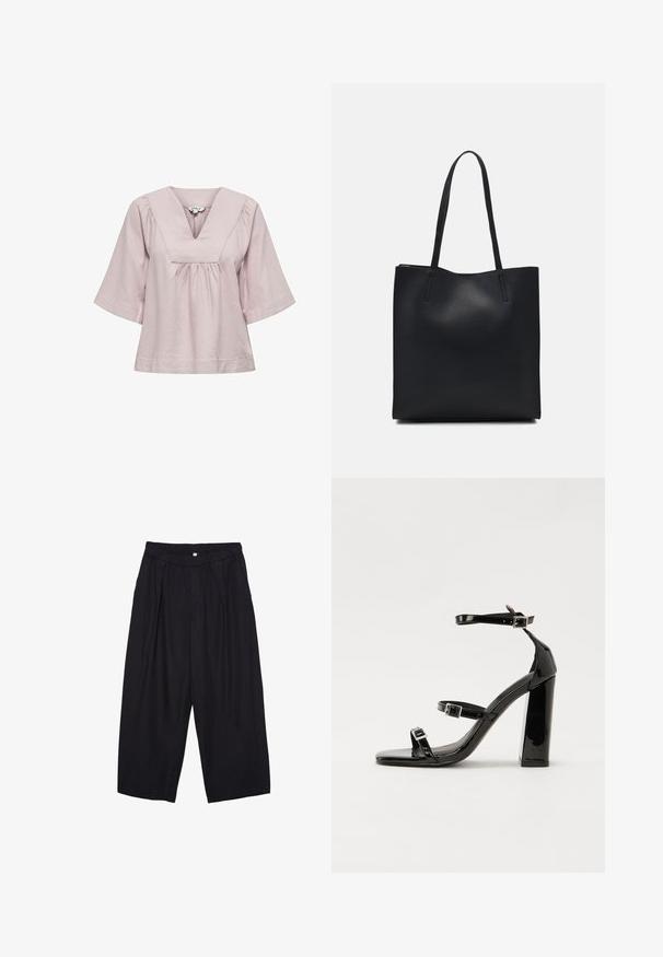 Helles rosa Blusenshirt mit V-Ausschnitt, kurzen weiten Ärmeln und Raffung am Bund. Hergestellt aus weichem, glattem Stoff.; Schwarze Polyester-Culotte mit einem elastischen Bund, zwei vorderen Falten und einer lockeren Silhouette. Keine sichtbaren Muster oder Hardware-Details.; Schwarze patentierte Sandalen mit Absatz, quadratischer Spitze, Knöchelriemen und silbernen Schnallen. Mit einem stabilen Blockabsatz für mehr Stabilität.; Schwarze Laptoptasche aus Leder mit glatter Textur, rechteckiger Form und zwei langen Griffen. Keine sichtbaren Beschläge oder Verzierungen.