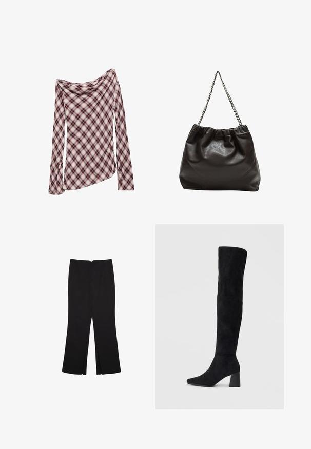 Dugi rukav s drapiranim izrezom, s kariranim uzorkom u crvenoj, crnoj i bijeloj boji. Mekani materijal s glatkom teksturom.; Crne hlače ravnog kroja, s prednjim džepovima i bočnim prorezima na rubu. Izrađene od mekog i glatkog materijala. Pogodne za razne prigode.; Crne antilop čizme do koljena s blok potpeticom, šiljastim prstom i glatkim, bešavnim dizajnom na običnoj svijetloj pozadini.; Smeđa kožna torba s naboranim vrhom i lančićem za nošenje. Glatka tekstura s sjajnim završetkom i suptilnim šavnim detaljima sa strane.