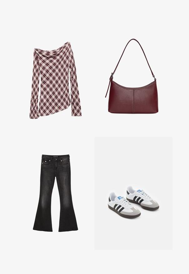 Dugi rukav s drapiranim izrezom, s kariranim uzorkom u crvenoj, crnoj i bijeloj boji. Mekani materijal s glatkom teksturom.; Crne traperice s raskošnim izrezom i srednje visokim strukom, s pet džepova, kontrastnim šavovima i akcentima od srebrnog metala.; Sportske cipele s gornjištem od bijele kože, sivi suedinasti nos i tri crne pruge. Imaju plavi logo na jeziku i teksturiranu gumenu podlogu.; Bordo kožna torba s zakrivljenim oblikom, jednim remenom za rame i šivenim detaljima na sredini. Glatka tekstura, minimalni dodaci.