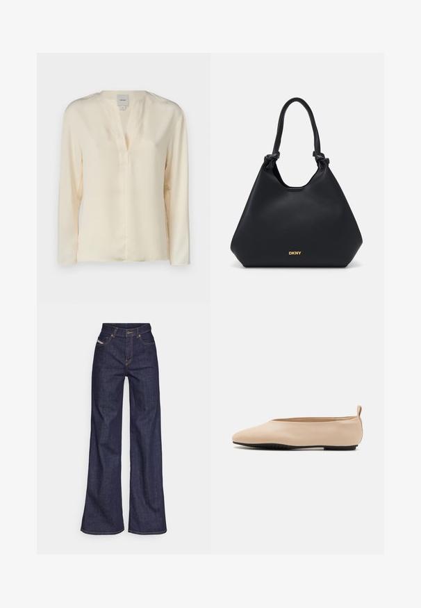 Μπεζ μπλούζα με μακριά μανίκια από λείο ύφασμα, με v-λαιμόκοψη και μικρή κρυφή μπανέλα. Διαθέτει μινιμαλιστικό σχεδιασμό και καθαρές γραμμές.; Σκούρο μπλε παντελόνι τύπου wide-leg από τζιν ύφασμα με ψηλή μέση, διακοσμημένο με πορτοκαλί ραφές, πέντε τσέπες και κουμπωτή κλείσιμο.; Μπεζ δερμάτινα μπαλαρίνα με χαμηλό προφίλ, στρογγυλή μύτη και μαύρη καουτσούκ σόλα, διαθέτοντας μια μικρή πίσω θηλιά για ευκολότερη χρήση.; Μαύρη δερμάτινη τσάντα tote με υφή, διακοσμητικές λεπτομέρειες σε κόμπους στη λαβή και χρυσό λογότυπο στη βάση. Διαθέτει χαλαρή σιλουέτα.