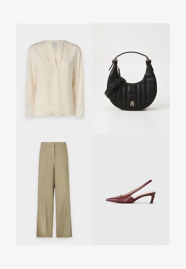 Beige langermet bluse laget av glatt stoff med V-hals og en liten skjult knappestolpe. Har et minimalistisk design og rene linjer.; Lys grønne, vide bukser laget av lin. Har høy midje og ren frontdesign med en enkelt folder.; Burgunder slingback hæle med spids tå, udskårne detaljer på siden og en midt-højde blokhæle. Glat læderfinish.; Svart skinnhåndveske med en buet form, kviltet tekstur og gullhardware. Har en avtagbar skulderrem og logo-detaljer.