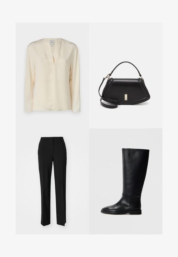 Bežs garām piedurknēm blūze, izgatavota no gludas auduma, ar V-veida izgriezumu un mazu slēptu pogu rindu. Iespējam minimālisma dizains un tīras līnijas.; Melnas pielāgotas bikses ar taisnu kāju dizainu, kas raksturojas ar gludu faktūru un asiem krokām pa priekšu. Nav redzamu metāla detaļu.; Melnas ādas līdzceļgala zābaki ar noapaļotu pirkstu, gludu tekstūru, minimālistisku dizainu un plakanu zoli. Vienkāršas šuvju detaļas uz zābaku augšdaļas.; Melnas ādas roku soma ar struktūru, ar īsu formu, augšējo rokturi un zelta aksesuāriem. Iekļauta regulējama plecu siksna.