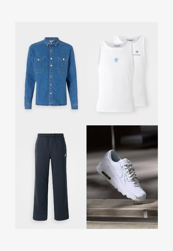 Denim Project LOOSE OVERSIZED - Camisa - mid blue washed; Dos camisetas sin mangas blancas, con textura acanalada, que presentan logotipos bordados en azul y verde. Una tiene un diseño de sol y la otra de una palmera.; Pantalones de chándal azul marino oscuro con cintura elástica y cordón. Hechos de tela suave, presentan un pequeño logo blanco en la cadera izquierda.; Zapatilla blanca de piel con superficies texturizadas, cuello acolchado y amortiguación de aire visible en la suela. Presenta cordones y un diseño minimalista.