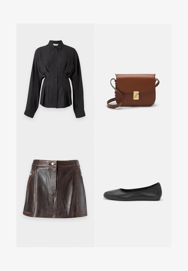 Black long-sleeve shirt in a smooth fabric, featuring a button-up front, curved hem, and gathered detailing at the waist for a tailored fit.; Brown leather mini skirt featuring a sleek design, two zippered side pockets, and contrasting stitching along the edges.; Black leather ballet flat with a rounded toe, smooth texture, minimal stitching detail, and a flexible sole design.; Brown leather handbag with a flap closure, gold-tone hardware, a shoulder strap, and a smooth texture. Compact rectangular shape.