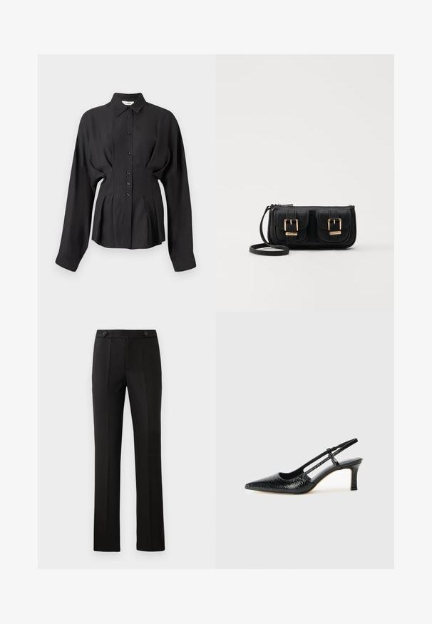 Juodas ilgomis rankovėmis marškinys iš lygaus audinio, su sagčių uždarymu priekyje, išlenktu apačiu ir surinkta detale ties liemeniu, suteikiančia pritaikytą fitą.; Juodos pritaikytos kelnės su tiesiomis kojomis, dviem priekinėmis kišenėmis, mygtuko uždarymu ir raukšlėmis priekyje. Glotnaus audinio tekstūra.; Juodai lakuoti slingback aukštakulniai su smailiu nosiu, su tekstūruotu gyvatės raštu, reguliuojama juosta ir trumpu, tekstūruotu blokiniu kulnu.; Juodas odinis per petį nešiojamas krepšys su dviem priekiniais kišenėmis, auksiniais sagtimis, užtrauktuko uždarymu ir siauromis petnešomis. Textūruota paviršius ir kompaktiškas stačiakampis formatas.