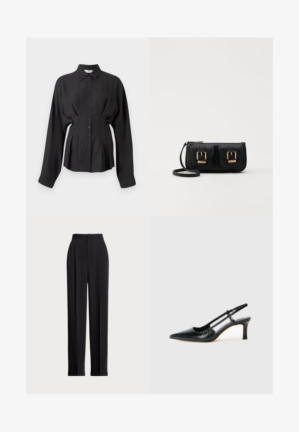 Schwarzes Langarmshirt aus glattem Stoff, mit einer durchgehenden Knopfleiste, abgerundetem Saum und gerafften Details an der Taille für eine taillierte Passform.; Schwarze, taillierte Hose mit hoher Taille, mit Falten vorne, geradem Bein-Design und umgeschlagenem Saum. Aus glattem Stoff gefertigt.; Schwarze Lack-Slingback-Pumps mit spitzem Zehenbereich, versehen mit strukturiertem Schlangenprint, verstellbarem Riemen und einem kurzen, strukturierten Blockabsatz.; Schwarze Leder-Umhängetasche mit zwei vorderen Taschen, goldenen Schnallen, Reißverschluss und einem schmalen Tragegurt. Texturierte Oberfläche und kompakte rechteckige Form.
