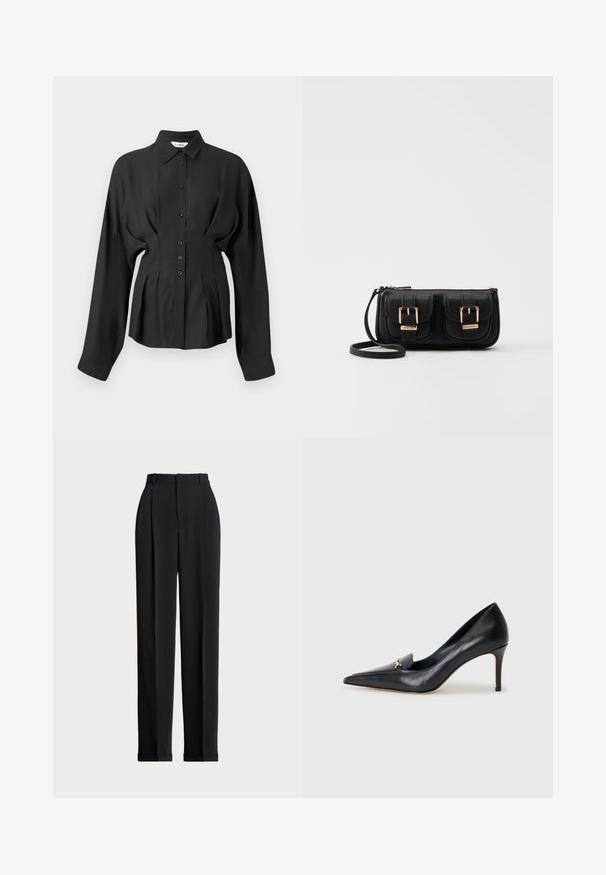 Cămașă neagră cu mâneci lungi dintr-un material fin, având un gât cu nasturi, hem curbat și detalii pliate la talie pentru un ajustaj elegant.; Pantaloni negri, croiți pe măsură, cu talie înaltă, cu plii în față, design cu picior drept și tiv manșetat. Confecționați dintr-un material neted.; Pantof cu toc din piele neagră, cu vârf ascuțit, decolteu adânc și un accent decorativ auriu. Prezintă un toc stiletto și o textură netedă.; Geantă neagră din piele, tip crossbody, cu două buzunare frontale, catarame aurii, închidere cu fermoar și o curea subțire. Suprafață texturată și formă rectangulară compactă.