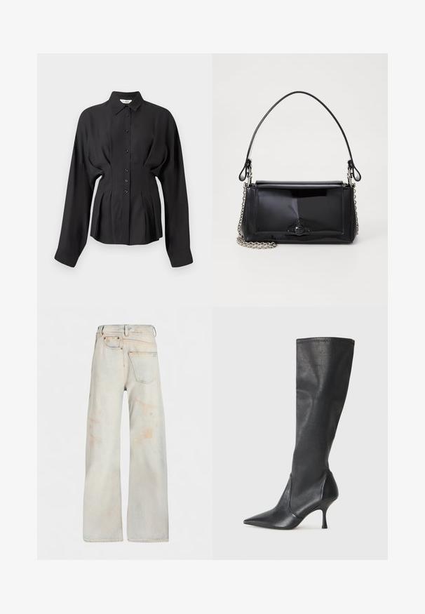 Cămașă neagră cu mâneci lungi dintr-un material fin, având un gât cu nasturi, hem curbat și detalii pliate la talie pentru un ajustaj elegant.; MM6 Maison Margiela PANTS POCKETS - Blugi drepți - light blue; Botine din piele neagră, până la genunchi, cu vârf ascuțit și toc subțire stiletto. Textură netedă, cu un design ajustat și cusături la marginea superioară.; Geantă din piele patent neagră, cu o formă rectangulară, mânere din lanț și un accent distinctiv din metal în centru. Textură netedă.