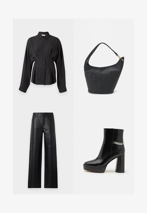 Maglietta nera a maniche lunghe in un tessuto liscio, con chiusura a bottoni sul davanti, orlo curvo e dettagli arricciati in vita per una vestibilità su misura.; Pantaloni in pelle nera a gamba larga con una texture liscia, dotati di tasche frontali, chiusura a bottone e dettagli di cucitura sottili.; Stivale alla caviglia in vernice nera con una piattaforma chunky e un tallone alto a blocco. Presenta un accento di catena argentata sul lato. Texture liscia.; Borsa a tracolla in pelle nera con forma arrotondata, una tracolla ampia e una finitura testurizzata. Presenta un dettaglio di cucitura discreto e un dettaglio in metallo dorato.