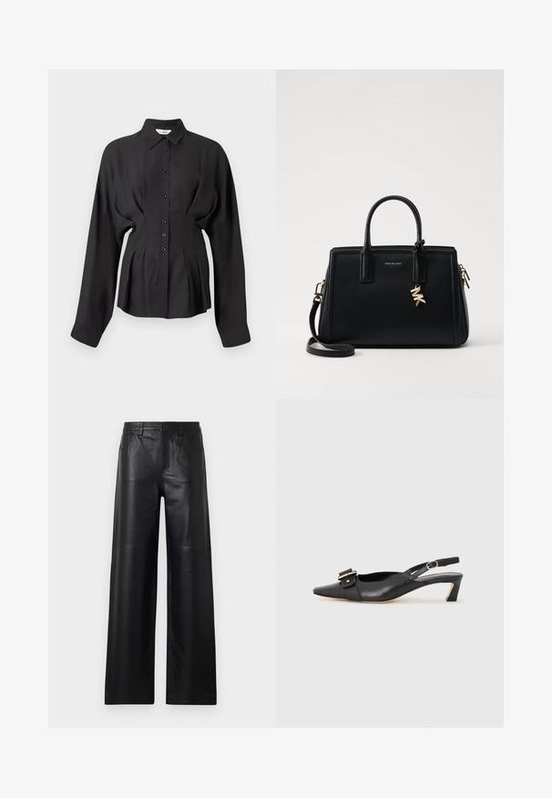 Čierna dlhá košeľa s dlhým rukávom z hladkej látky, s gombíkovým zapínaním vpredu, zakriveným lemom a zberaním v páse pre prispôsobený strih.; Čierne kožené nohavice s širokými nohavicami a hladkou textúrou, s prednými vreckami, zapínaním na gombík a jemnými švovými detailmi.; Čierne kožené sandále s úzkym prstom, malým opätkom a dekoratívnou sponou na vrchnej časti. Hladká textúra, minimalistický dizajn.; Čierna kožená kabelka so štruktúrovaným dizajnom, dvojitými hornými uchami, odnímateľným ramenným popruhom, zlatými kovovými detailmi a akcentom logového prívesku.