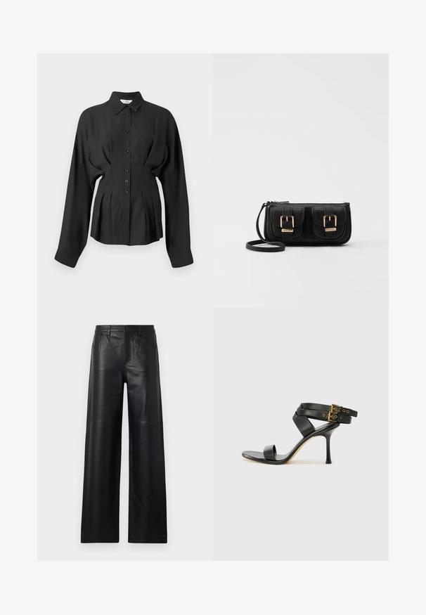 Fekete, hosszú ujjú ing sima anyagból, gombos elülső résszel, ívelt alsó résszel és gyűrt részletekkel a deréknál, a testre szabott fazonért.; Széles szárú fekete bőrnadrág sima textúrával, elülső zsebekkel, gombos zárással és finom varrással.; Fekete magassarkú szandál keresztpántos dizájnnal és állítható csattal. Simább felülettel és hegyes tűsarkúval rendelkezik.; Fekete bőr keresztbody táska két elülső zsebbel, arany csattokkal, cipzáras záródással és vékony pánttal. Textúrált felület és kompakt téglalap alak.