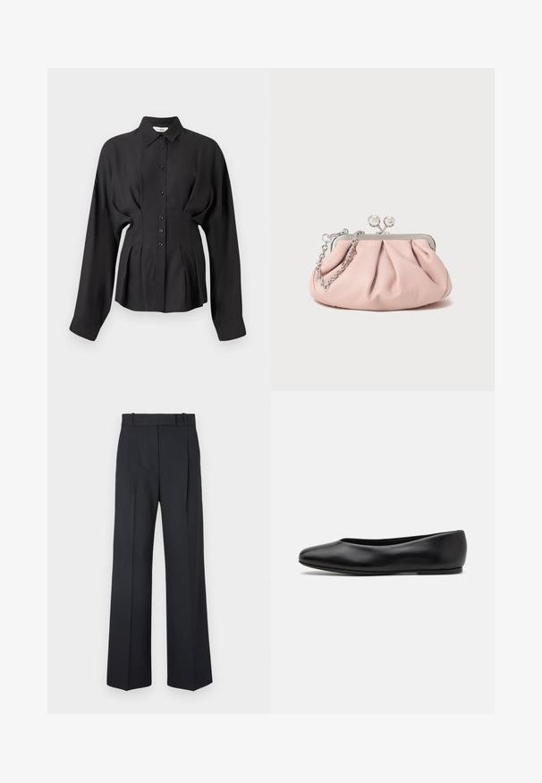 Musta pitkähihainen paita sileästä kankaasta, jossa on napitetut etuosat, kaareva helma ja kerätty yksityiskohta vyötäröllä räätälöityä istuvuutta varten.; Tummansiniset raidalliset housut, joissa on korkea vyötärö, leveät lahkeet ja ei näkyviä metalliosia tai koristeita. Sileä pinta ja räätälöity istuvuus.; Paul Smith TOPANGA - Ballerinat - black; Vaaleanpunainen nahkakuuloket pursotettu muotoilun laukku, metallirunko, kaksi pyöreää lukkoa ja hopeaketjuolkaimet. Sileä pinta, kompaktin muotoinen.