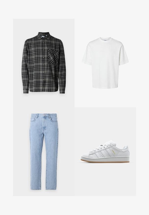 Only & Sons ARCHER WASHES RELAXED - Chemise - black; T-shirt en coton blanc à manches courtes, col rond et coupe décontractée. Texture lisse sans motifs ou accents visibles.; Jean en denim bleu clair avec une coupe droite, cinq poches et une fermeture à bouton. Texture douce avec une finition vieillie classique.; Baskets blanches avec un design perforé à trois rayures, des accents texturés, une semelle en caoutchouc et le logo "CAMPUS" en doré sur le côté.