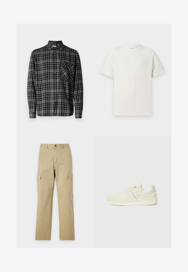 Only & Sons ARCHER WASHES RELAXED - Skjorter - black; Hvid kortærmet T-shirt i ribbet tekstur. Rund halsudskæring, løs pasform, ingen synlige mønstre eller accenter. Enkel og alsidig design.; Beige cargo bukser lavet af bomuld, med to sidelommer, knaplukning og lige ben i et let tekstureret stof.; Cremefarvet sneaker med perforeret detaljering, snørebånd og logo på siden, præsenteret mod en simpel hvid baggrund.