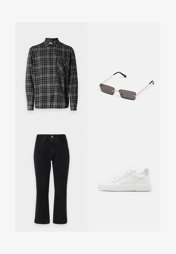 Only & Sons ARCHER RELAXED czarny; Czarne dżinsy o prostym kroju, pięć kieszeni, metalowe elementy wykończenia w miedzianym kolorze. Gładka tekstura i średni stan.; Białe skórzane trampki o gładkim wykończeniu, zaokrąglonym nosku, płaskich sznurówkach i teksturowanej podeszwie. Szary zamszowy akcent na pięcie.; Okulary przeciwsłoneczne z prostokątnymi, ciemnoszarymi soczewkami, srebrnymi metalowymi ramkami i czarnymi plastikowymi zakończeniami na zausznikach. Lekka konstrukcja z poduszkami nosowymi.