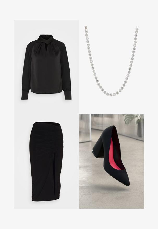 Blusa nera in satin con colletto alto, dettagli plissettati sul collo e maniche lunghe con polsini aderenti. Texture liscia, design minimalista.; Gonna a tubino nera, arricciata, con dettaglio a fiocco e uno spacco laterale. Realizzata in un tessuto elasticizzato, presenta una texture liscia e un design aderente.; Scarpa con tacco alto nera, con punta affusolata, superficie testurizzata e un vivace interno rosa. Presenta un tacco spesso con un accento argentato.; Collana d'argento con gemme rotonde e trasparenti incastonate in un design circolare, alternate a dettagli metalliche decorative, texture liscia.