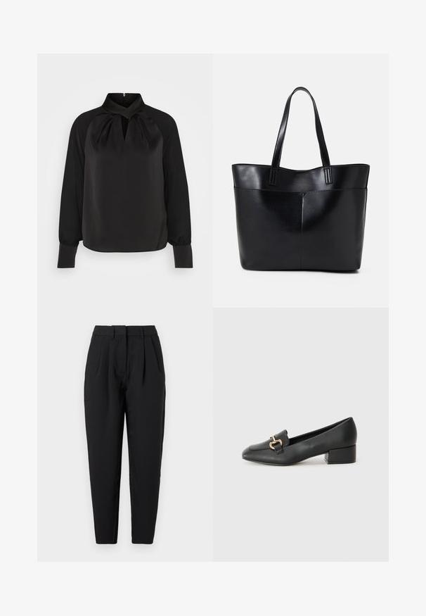 Črna satenasta bluza z visokim ovratnikom, nagubanimi detajli na vratu in dolgimi rokavi s prilegajočimi manšetami. Gladka tekstura, minimalistična zasnova.; Črne hlače ravnega kroja, z gubami spredaj, gladko teksturo in stranskimi žepi. Pas je standardne višine.; Črne usnjene loafersice s ravnim petkom, ki imajo dekorativen zlat detajl spredaj in gladko teksturo.; Črna usnjena torba z dvema dolgima ročajema, gladko teksturo in strukturirano obliko. Ima sprednji žep za dodatno shranjevanje.