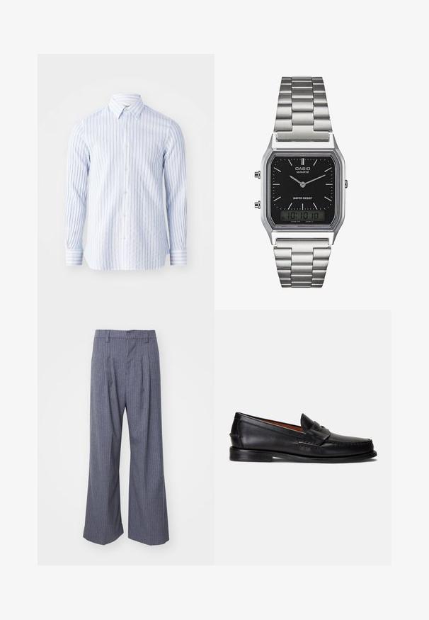 Prugasta košulja s dugim rukavima u svijetloplavoj i bijeloj boji, s ovratnikom i dugim rukavima s dugmadi na manžetama. Lagani pamučni materijal.; Bijela pamučna majica kratkih rukava, s okruglim izrezom i suptilnim "Levi's" logotipom u svijetloj boji na prednjoj strani.; Sive prugaste hlače širokog kroja, s nabranim detaljima sprijeda i glatkom teksturom. Nema vidljivih ukrasa ili dodataka.; Crne kožne mokasine s glatkom završnom obradom, zaobljenim vrhom i ukrasnim remenom preko gornjeg dijela. Imaju nisku crnu potplatu.; Srebrni kvarcni sat od nehrđajućeg čelika s crnim pravokutnim brojčanikom, koji ima analogne kazaljke, digitalni zaslon i oznaku otpornosti na vodu.