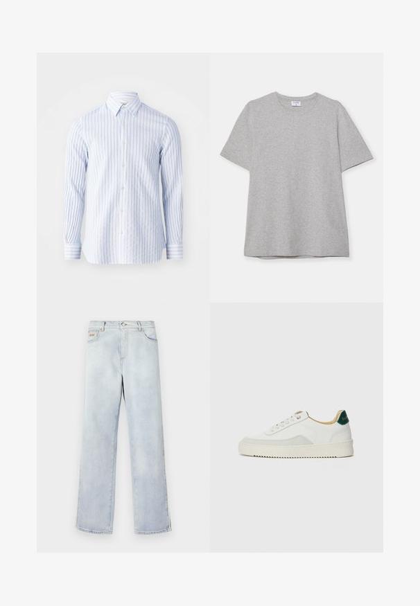 Raidallinen nappikauluspaita vaaleansinisessä ja valkoisessa, jossa on kaulus ja pitkät hihansuut nappidetaljeilla. Kevyt puuvillakangas.; Harmaa lyhythihainen T-paita, joka on valmistettu pehmeästä ja teksturoidusta kankaasta. Varustettu klassisella pyöreällä pääntiellä ja suoraselkäisellä helman kanssa, sopii rentoon pukeutumiseen.; Vaaleansiniset farkut suoran lahkeen muotoilulla, joissa on napitus, viisi taskua ja kontrastiväriset ompeleet.; Valkoiset tennarit, joissa on nahkaosia, pyöreä kärki, tasaiset nauhat ja kermaisa kumi-pohja. Takana vihreä brändäys.