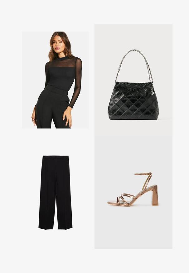 Top nero a maniche lunghe con una texture a coste e dettagli in rete trasparente sulle spalle. Abbinato a pantaloni neri a vita alta.; Pantaloni neri a gamba larga in tessuto morbido, con pieghe nella parte frontale e tasche laterali, progettati con una linea dritta e comoda.; Sandali con tacco alto in bronzo, con punta quadrata, sottile cinturino alla caviglia e design incrociato sulla parte frontale. Finitura metallica liscia.; Borsa a tracolla nera in pelle trapuntata con manico a catena argentata, caratterizzata da un design strutturato e una texture liscia.