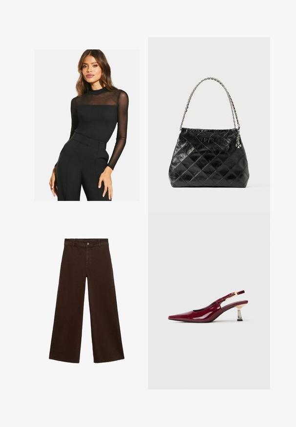 Tricou negru cu mânecă lungă, cu o textură ribbed și detalii din plasă transparentă la umeri. Asortat cu pantaloni negri cu talie înaltă.; Pantaloni largi maro dintr-un amestec de bumbac, cu un tiv desfăcut, închidere cu buton frontal și un design clasic cu cinci buzunare. Minimalist și versatil.; Pantof cu vârf ascuțit, glossy, de culoare burgundă, slingback, cu o cataramă de culoare aurie și un toc bloc metallic de înălțime medie, pe un fundal alb.; Geantă de mână din piele neagră matlasată, cu mâner din lănțișor argintiu, cu un design structurat și textură netedă.