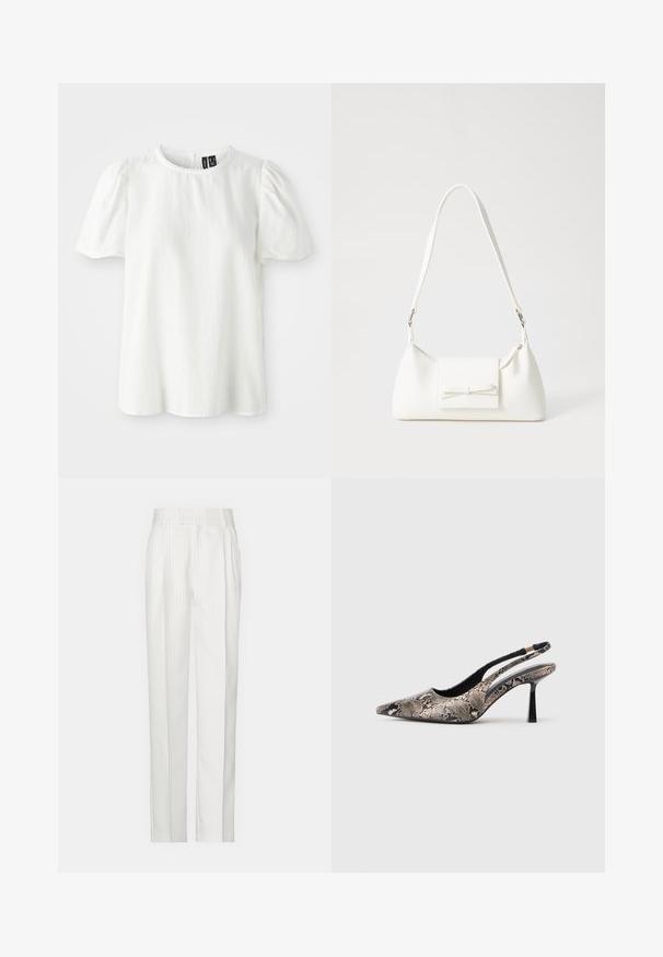 Top branco de manga curta com decote redondo e mangas bufantes com franzido. Apresenta um acabamento em escalope ao longo do pescoço. Te fabricada em um tecido macio e texturizado.; Calças brancas com riscas verticais e um design de perna reta, feitas de um tecido leve. Apresentam pregas na frente e uma cintura tradicional.; Sapatos slingback de bico fino feitos de material texturizado com padrão de cobra, apresentando um salto preto esguio e um design recortado nas laterais.; Mala sintética branca com formato triangular, aba frontal plana e detalhe de laço, alça ajustável, textura suave e design minimalista.