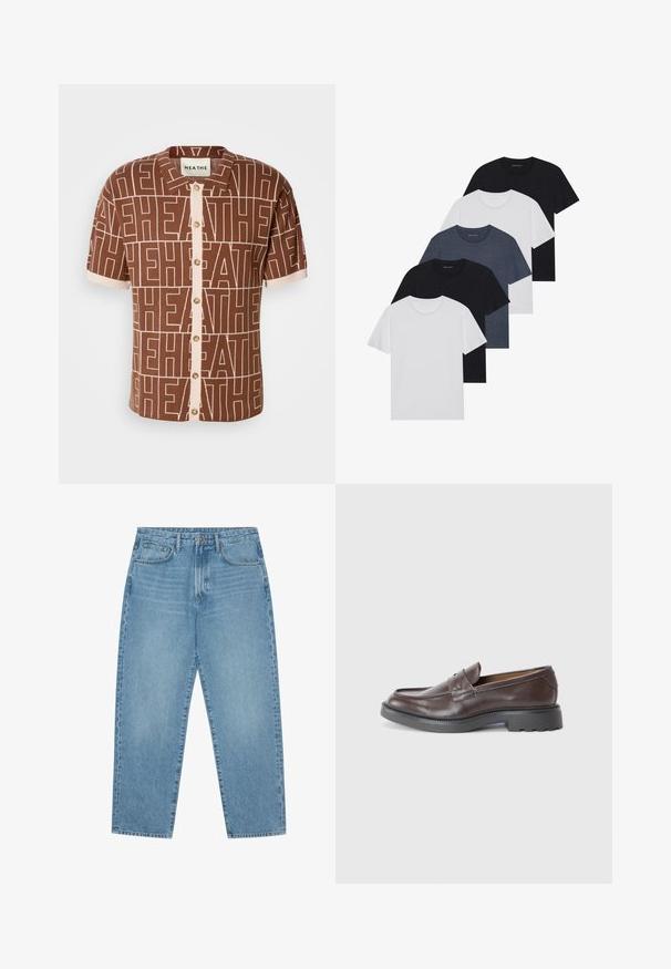 Chemise à manches courtes, marron, avec un motif répétitif "HEATHE". Fermeture à boutons sur le devant avec des accents beige et un col. Tissu doux et texturé.; Ensemble de cinq t-shirts en noir, blanc et bleu marine. Tissu en coton, manches courtes, design col rond et texture unie sans motifs.; Jean large en denim bleu clair avec taille haute, dotés de cinq poches, passants de ceinture et d'une texture douce légèrement délavée.; Mocassins en cuir marron avec une finition lisse, bout rond, couture minimaliste et une épaisse semelle en caoutchouc noir. Aucun matériel ou accent visible.