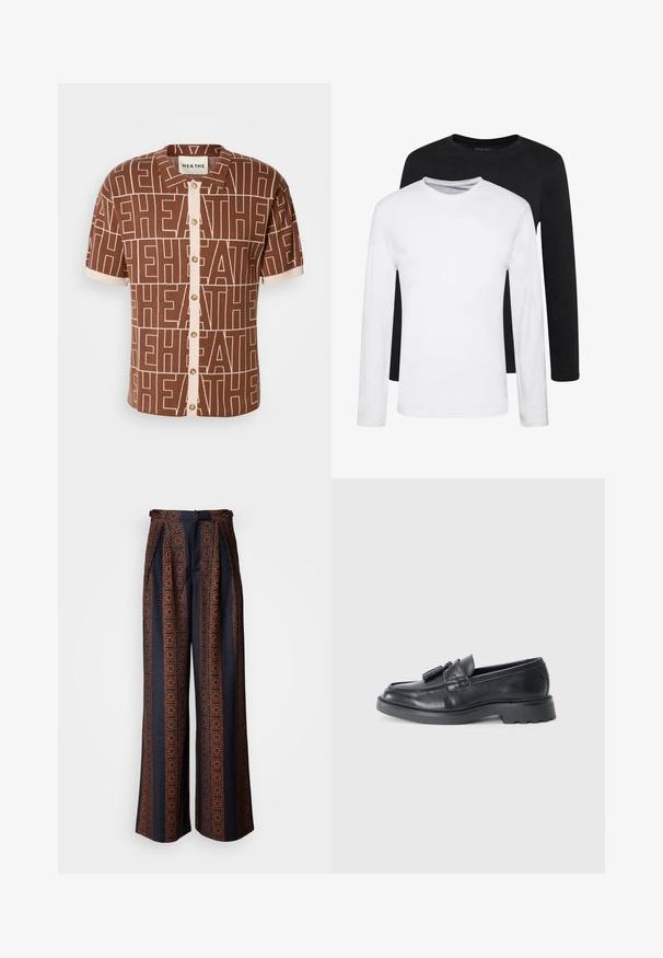 Camisa de manga corta marrón con un patrón repetido de "HEATHE". Cierre de botones en el frente con detalles en beige y cuello. Tejido suave y texturizado.; Dos camisetas de manga larga, una negra y una blanca, hechas de algodón, con cuello redondo y una textura suave, exhibidas en un arreglo apilado.; Pantalones de pierna ancha en tejido azul oscuro con un intricado patrón geométrico naranja, con un frente plisado y una cinturilla ajustada.; Mocasines de cuero negro con punta redondeada, una correa con borlas y una suela gruesa con un patrón de relieve. Textura suave y diseño clásico.