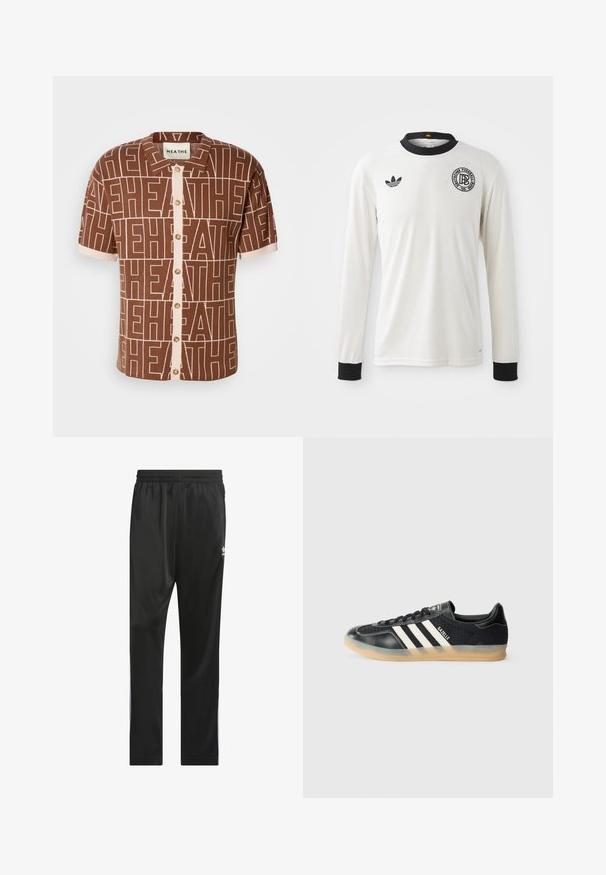 Camisa de manga curta, castanha, com um padrão repetido de "HEATHE". Fecho frontal com botões e detalhes em bege, com colarinho. Tecido suave e texturizado.; Camisa de futebol de manga longa branca, com textura ribeteada, gola e punhos pretos, apresentando o logo da Adidas em preto e um emblema gráfico circular.; Calças atléticas pretas feitas de um material liso e leve. Apresentam um cós elástico e riscas brancas na lateral com um logótipo na coxa.; Sapatilha atlética preta com riscas brancas, tecido texturizado, biqueira de couro liso e sola de borracha clara. Apresenta logótipo na língua.