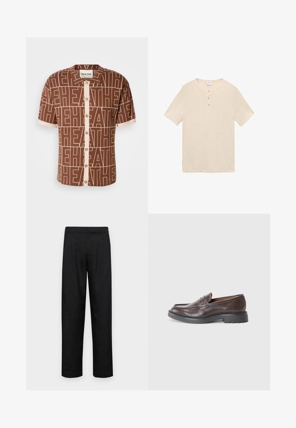 Kratkohlavni rjav srajc s ponavljajočim se vzorcem "HEATHE". Sprednje zapiranje z gumbi z bež dodatki in ovratnikom. Mehak, teksturiran material.; Svetlo bež kratkolen slepšan s kratkimi rokavi, narejen iz mehkega blaga, z okroglim ovratnikom, tremi gumbi in ravnim robom.; Črne hlače iz gladkega materiala, s krojem ravne noge, dvema sprednjima pregiboma in standardnim pasom z zankami za pas.; Rjavi usnjeni loafersi z gladko površino, okroglo konico, minimalnim šivom in debelim črnim gumijastim podplatom. Brez vidnih kovinskih delov ali naglasi.