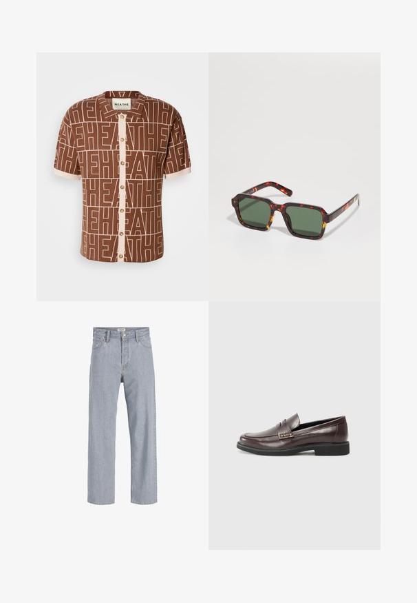 Korte mouwen, bruine shirt met een herhalend "HEATHE" patroon. Voorzijde met knoopsluiting en beige accenten en een kraag. Zachte, textuurstof.; Lichtblauwe denim jeans met een relaxed fit, rechte pijpen, zichtbare stiksels, twee voorzakken en een knoopsluiting.; Bruine leren loafers met een gladde afwerking, voorzien van een subtiele gestikte detail op de bovenkant en een zwarte rubberen zool.; Schildpad zonnebril met vierkante monturen, groen getinte glazen en contrasterende oranje accenten langs de randen van de armen.