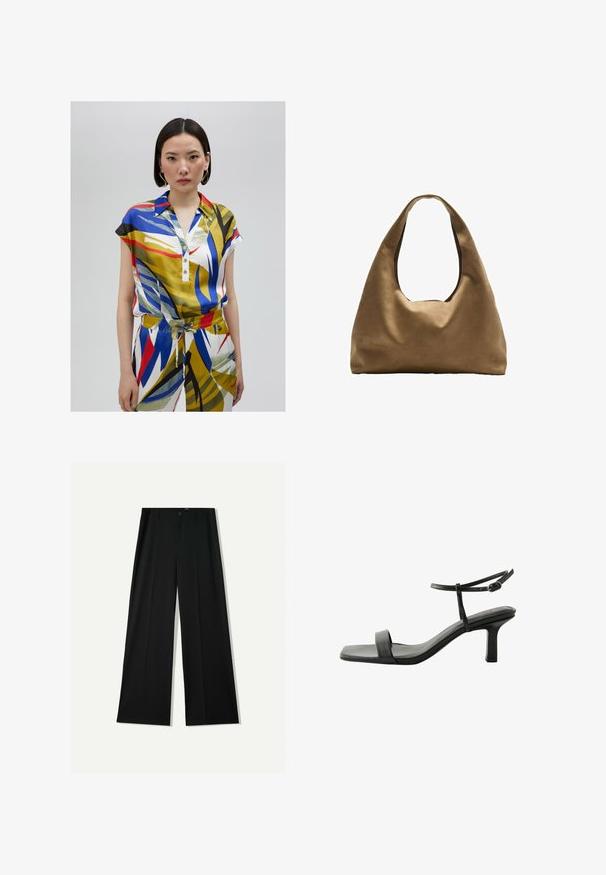 Monivärinen lyhythihainen silkki-paitapusero, jossa on kaulus, napitus ja abstrakteja sinisiä, punaisia ja keltaisia kuvioita.; Bershka WIDE - Housut - black; Next FOREVER COMFORT  SIMPLE REGULAR FIT - Sandaalit nilkkaremmillä - black; Ruskea kangaskassi, jossa on leveä, pyöristetty muoto ja suuri leikattu kahva. Pehmeä pinta, minimalistinen muotoilu ja ei näkyvää metalliosaa.