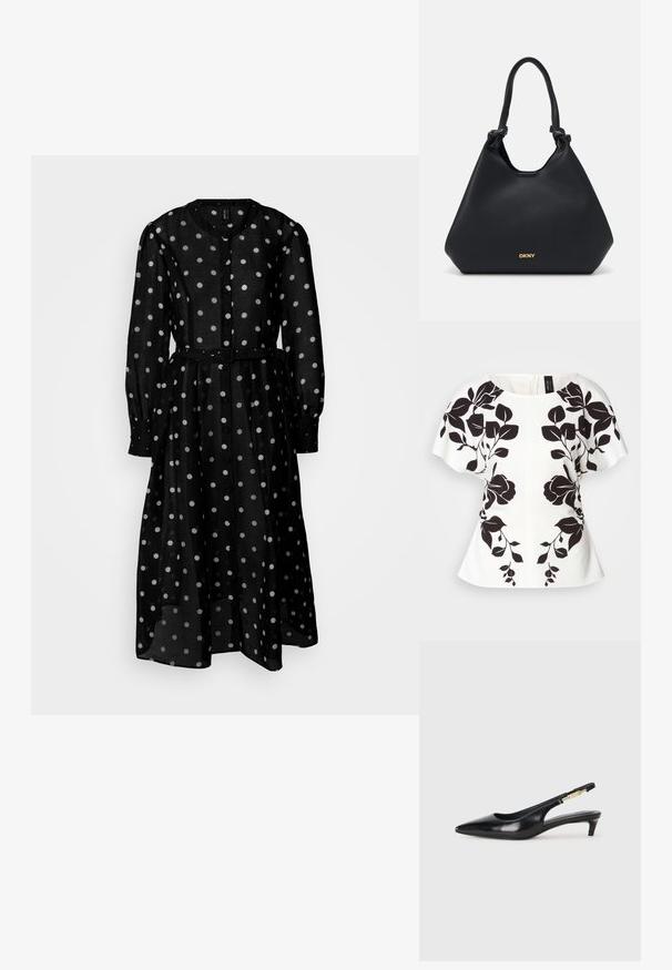 Valge topp mustade lillemotiividega, lühikeste varrukatega ja sügava kaelusega. Struktureeritud lõige ja peplum-stiilis hem. Seljaosas lukk.; Mustad pikkade varrukatega kleit, mis on valmistatud läbipaistvast kangast, valgetest täppidest, nupuga ees, ja vöödiga taljes, et luua selgesti määratletud siluett.; Mustad nahast slingback kontsad terava ninaga, millel on õhuke konts ja kuldse tooni aktsent reguleeritaval rihmal. Sile tekstuur.; Mustast nahast kott, millel on tekstureeritud viimistlus, sõlmitud käepidemed ja kuldne logo detail aluses. Omab vabalt voolavat siluetti.