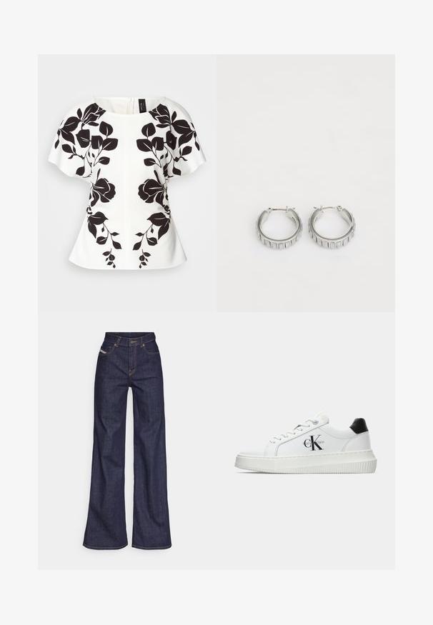 Weißes Oberteil mit schwarzem Blumenmuster, kurzen Ärmeln und einem runden Halsausschnitt. Strukturiert geschnitten mit einem Peplum-Saum. Mit Reißverschluss hinten.; Dunkelblaue weite Jeans aus Denimstoff mit hoher Taille, ausgestattet mit orangefarbenen Nähten, fünf Taschen und einem Knopfverschluss.; Weiße Low-Top-Sneaker mit schwarzem Fersenpatch, Plateau-Sohle, Schnürsenkeln und Calvin Klein "CK"-Logo an der Seite.; Silberne Creolen mit texturiertem Design und vertikalen Rillen. Kreisförmige Form mit sicherem Verschluss. Glatte Oberfläche.