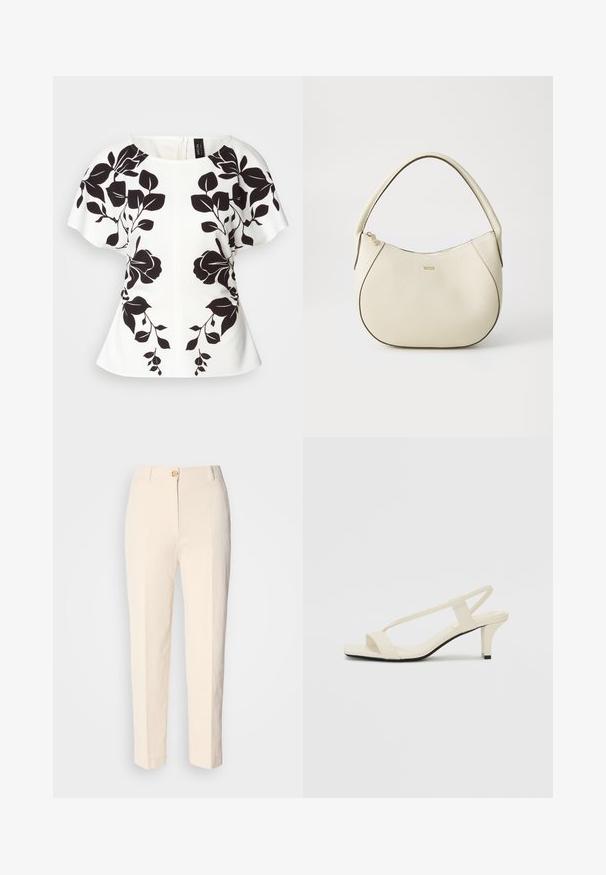 Hvit topp med svart blomstermønster, korte ermer og rund hals. Strukturert form med peplum-liknende søm. Glidelås på baksiden.; Kremfargede, høy-taljede bukser laget av teksturert stoff. Har lukking med frontknapp og avsmalnende ben.; Beige blokk-høydesandaler med tynne stropper og firkantet tå. Glatt materiale med minimale detaljer, designet for enkel bruk.; Kremfarget håndveske med teksturert overflate, buet form, kort håndtak og gullfarget logo. Glidelås lukking på toppen.