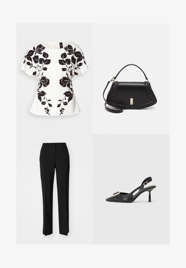 Witte top met zwart bloemenontwerp, korte mouwen en een ronde halslijn. Gestructureerde vorm met een peplumstijl zoom. Rits aan de achterkant.; Zwarte op maat gemaakte broek met een recht model, voorzien van een soepele textuur en scherpe plooien aan de voorkant. Geen zichtbare hardware.; Zwarte leren slingback schoen met een spitse neus, slanke hak en een gouden hardwareaccent op de wreef. Glad textuur en gestructureerd ontwerp.; Zwarte leren handtas met een gestructureerd ontwerp, featuring een verkorte vorm, bovenhandvat en gouden hardwareaccent. Inclusief verstelbare schouderband.