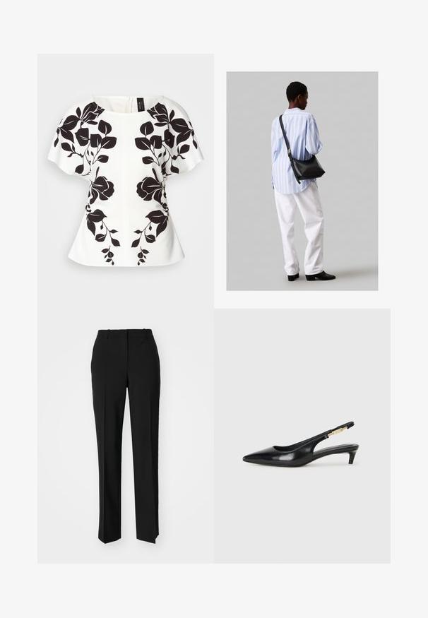 Hvit topp med svart blomstermønster, korte ermer og rund hals. Strukturert form med peplum-liknende søm. Glidelås på baksiden.; Sorte skreddersydde bukser med rett silhuett, med en glatt tekstur og klare pressede bretter foran. Ingen synlig maskinvare.; Sorte lærreim hæler med spiss tå, som har en slank hæl og en gullfarget detalj på den justerbare stroppen. Glatt tekstur.; Svart lær skulderveske med en myk tekstur, trekantet form og justerbar stropp, kombinert med en lyseblå stripete skjorte og hvite bukser.