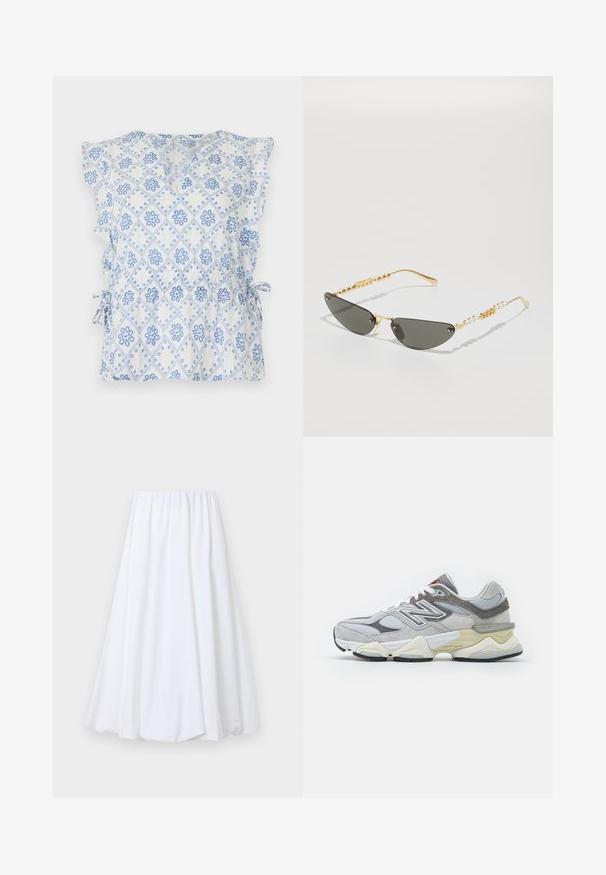 Valkoinen paita, jossa on sininen kukallinen timanttikuvio, sifonkiset hihat ja sivusiteet säätömahdollisuutta varten. Kevyt kangas, jossa on teksturoitu tunne.; Valkoinen nilkkapituinen hame, jossa on joustava vyötärö, valmistettu kevyestä kankaasta, jolla on sileä pinta ja lentävä siluetti.; Harmaa mokkanahka- ja verkkomateriaali sneakeri, jossa on paksu valkoinen ja beige pohja, jolle on ominaista näkyvä valkoinen logo ja punaiset yksityiskohdat.; Aurinkolasit kullankehyksillä ja tummanharmailla linsseillä. Uniikki kissamainen muoto. Sankojen suunnittelussa vuorottelevat kultaiset helmet ja helmiakuutit.