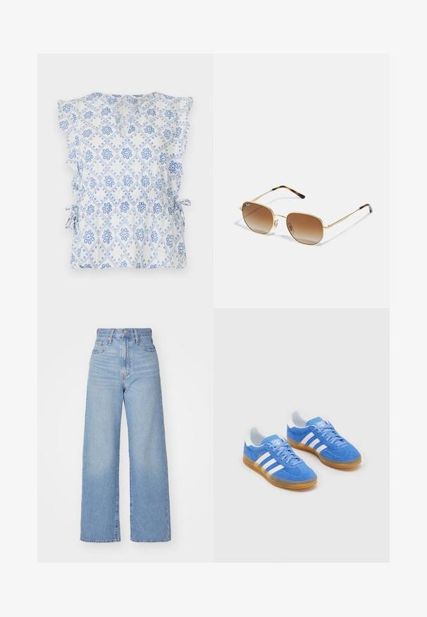 Balta bluzelė su mėlyna gėlių deimanto raštu, raukiniais ant rankovių ir šoninėmis juostelėmis pritaikomam reguliavimui. Lengva medžiaga su tekstūruotu paviršiumi.; Šviesiai mėlynos aukšto liemens plačios kojos džinsai su priekiniais užtrauktukais ir sagom, priekinėmis ir galinėmis kišenėmis, ant baltos fono.; Mėlyni zomšiniai sportiniai bateliai su baltais dryžiais, guminis padas ir paminkštinta apykaklė komfortui. Siūlo klasiką raištelių užsegimo dizainą.; Auksiniai metaliniai saulės akiniai su geometriniu dizainu, rudos gradientinės lęšiai ir juodos šešėlinės akys akcentuose ant šventyklų.