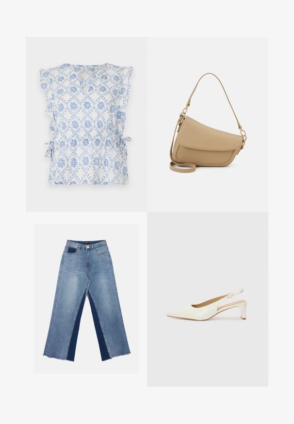 Hvit bluse med blå blomstrende diamante mønster, flosshuller på ermene og sidebånd for justerbar passform. Lettvektstoff med en teksturert følelse.; Lyseblå vide jeans med kontrasterende mørkeblå paneler, frynset søm og vanlig liv med metallknapp-lukking.; Hvit patentlær slingback-sko med spiss tå og lav blokkheel. Har en diskret stropp med detalj i gulltone.; Even&Odd Håndveske - beige