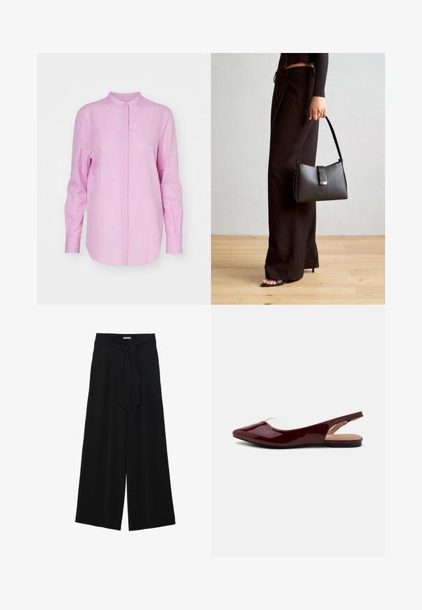 Camicia button-up rosa chiaro con colletto, maniche lunghe e orlo curvo. Presenta una texture liscia e polsini con un bottone.; Pantaloni neri a gamba larga caratterizzati da un tessuto testurizzato, una vita elastica e una cintura staccabile per una vestibilità regolabile.; Ballerine slingback in vernice bordeaux con punta appuntita, intaglio trasparente e suola nera piatta. Texture liscia, design minimalista.; Borsa nera con forma strutturata, texture liscia e una chiusura metallica. Abbinata a pantaloni neri larghi e sandali open-toe su un pavimento in legno.