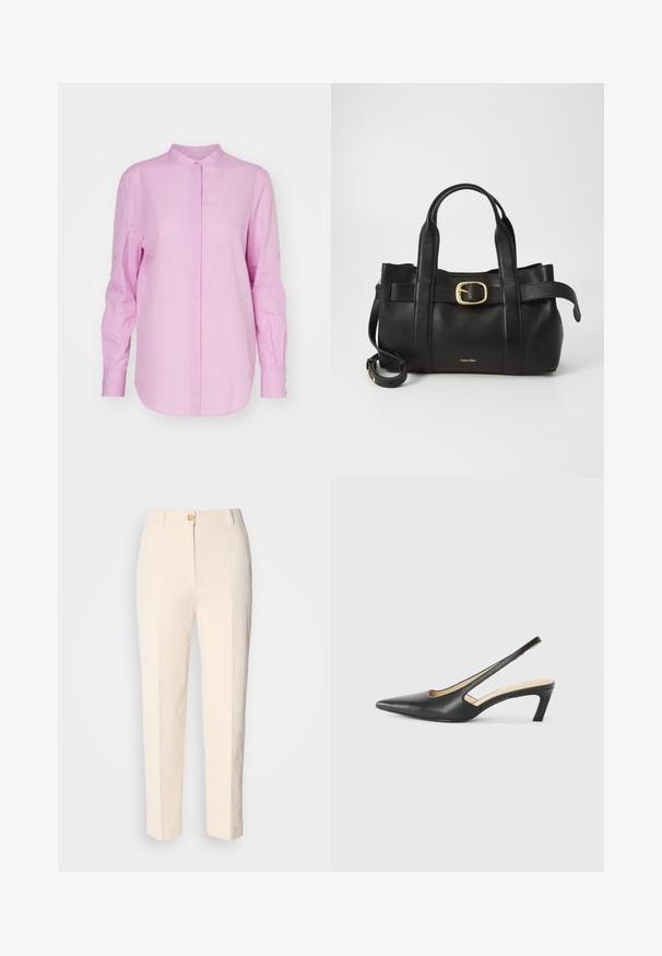 Světle růžová košile na knoflíky s límcem, dlouhými rukávy a zaobleným spodním lemem. Má hladkou texturu a manžety na jeden knoflík.; Krémové, vysoké kalhoty vyrobené z texturované látky. Obsahují přední zapínání na knoflík a zúžené nohavice.; Černý špičatý slingback s nízkým podpatkem, vyrobený z hladké kůže, s výřezem na boku pro lepší prodyšnost.; Černá kožená kabelka s upraveným designem, dvojitými vrchními madly, pozlaceným přezkovým akcentem a vyraženým logem značky na přední straně.