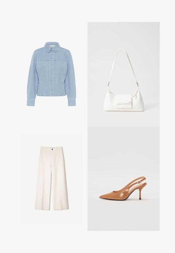 Light blue denim jacket with a pointed collar, front button closure, long sleeves, and vertical seam detailing. Smooth texture.; Cream wide-leg trousers with a tailored design, featuring two front pockets and a single front button closure, made from smooth fabric.; Pointed toe slingback heel in a smooth, glossy tan material. Features a curved cutout design and a slender stiletto heel. Silver buckle detail.; White synthetic handbag with a triangular shape, flat front flap and bow detail, adjustable strap, smooth texture, and minimalistic design.