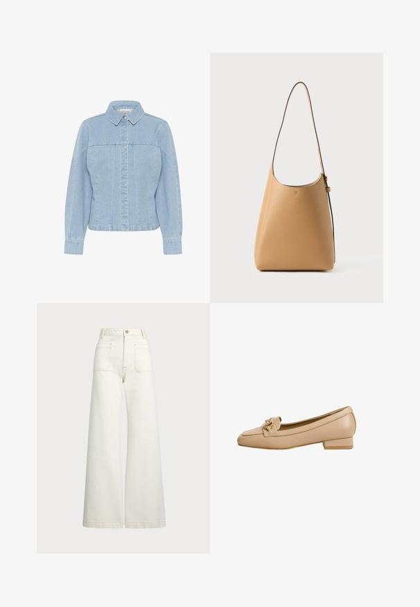 Šviesiai mėlynas džinsinis švarkas su smailiu apykakle, priekyje užsegamas mygtukais, ilgomis rankovėmis ir vertikaliu siūlėmis. Lygi tekstūra.; Plati kojinės džinsai of white denimo. Aukštas liemuo, su mygtuko uždarymu, dviem priekinėmis kišenėmis ir kontrastingai siuvinėjimu.; Šviesiai rudos odos loaferiai su kvadratiniu pirštu, plokščiu kulnu ir dekoratyvine priekinę juosta su auksinės spalvos grandinės akcentu. Lygi tekstūra.; Šviesiai ruda odinė petneša, su lygiu paviršiumi, minimalistiniu dizainu, viena kreipta dirželio, ir subtiliu detalio papuošimu.