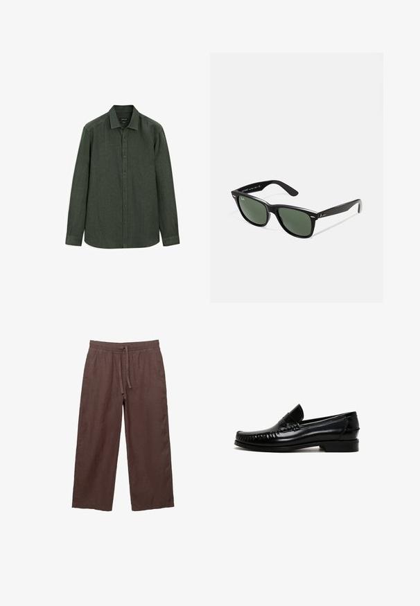 Ciemnozielona koszula zapinana na guziki, wykonana z teksturowanej tkaniny; posiada kołnierz szeroki, długie rękawy oraz okrągły dół z ukrytymi guzikami.; Brązowe lniane spodnie z szerokimi nogawkami i elastycznym pasem na sznurku, z dwoma bocznymi kieszeniami i lekkim, teksturowanym materiałem.; Czarne skórzane mokasyny z zaokrąglonym czubkiem, przeszyciem wzdłuż krawędzi i niskim, blokowym obcasem. Gładka faktura i minimalistyczny design.; Czarne plastikowe okulary przeciwsłoneczne z zielonymi szkłami, kwadratowe oprawki, srebrny akcent na brwi oraz fakturowane ramiona temple. Nazwa marki podana na wewnętrznej stronie ramion.