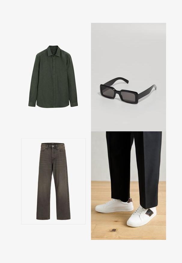 Dark green button-up shirt made of textured fabric; features a spread collar, long sleeves, and a rounded hem with hidden buttons.; Wide-leg jeans in dark grey denim, featuring a high waist, classic five-pocket design, and contrasting stitching along the seams.; White sneakers with smooth texture, featuring brown leather accents and black detailing, paired with black tailored pants. Wooden floor background.; Black sunglasses with a rectangular frame, thick plastic construction, and dark lenses, featuring smooth surfaces and rounded edges.; White pearl necklace with a uniform round shape, smooth surface, and metal clasp with an extension chain for adjustable length.
