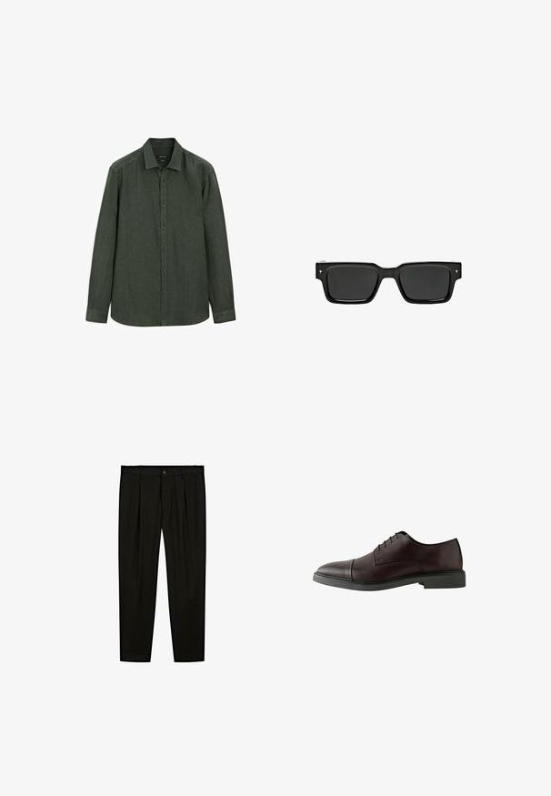 Donkergroen overhemd met knopen, gemaakt van textuurstof; beschikt over een spread collar, lange mouwen en een afgeronde zoom met verborgen knopen.; Zwarte op maat gemaakte broeken van soepel materiaal. Kenmerken zijn een platte voorkant, brede pijpen en een knoopsluiting bij de taille.; Donker bordeaux leren veterschoen met een ronde neus, platte zwarte zool, minimale stikdetails en een gladde textuur.; Zwarte rechthoekige zonnebril met donkere glazen, glanzend plastic montuur en kleine handtekeningaccenten op de pootjes. Platte profiel en scherpe hoeken.