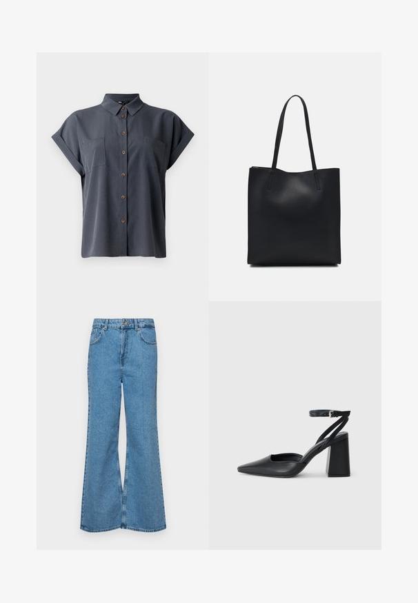 Σκούρο γκρι κοντομάνικο μπλουζάκι με γιακά, δύο τσέπες στο στήθος και ξύινους κουμπιά μπροστά. Λείο υλικό.; Ανοιχτό γαλάζιο τζιν παντελόνι σε καμπάνα, κατασκευασμένο από τζιν ύφασμα, με ψηλή μέση, πέντε τσέπες και κλείσιμο με έναν μόνο κουμπί. Μαλακή υφή με ξεθωριασμένο φινίρισμα.; Μαύρο δερμάτινο ψηλοτάκουνο παπούτσι με οξύ μυτερό τόξο, λουράκι στον αστράγαλο και χοντρό τακούνι. Λείος υφασματισμός, κομψός σχεδιασμός και μινιμαλιστική αισθητική.; Μαύρη δερμάτινη τσάντα tote με λείο υφή, ορθογώνιο σχήμα και δύο μακριές λαβές. Χωρίς ορατό υλικό ή διακοσμητικά στοιχεία.