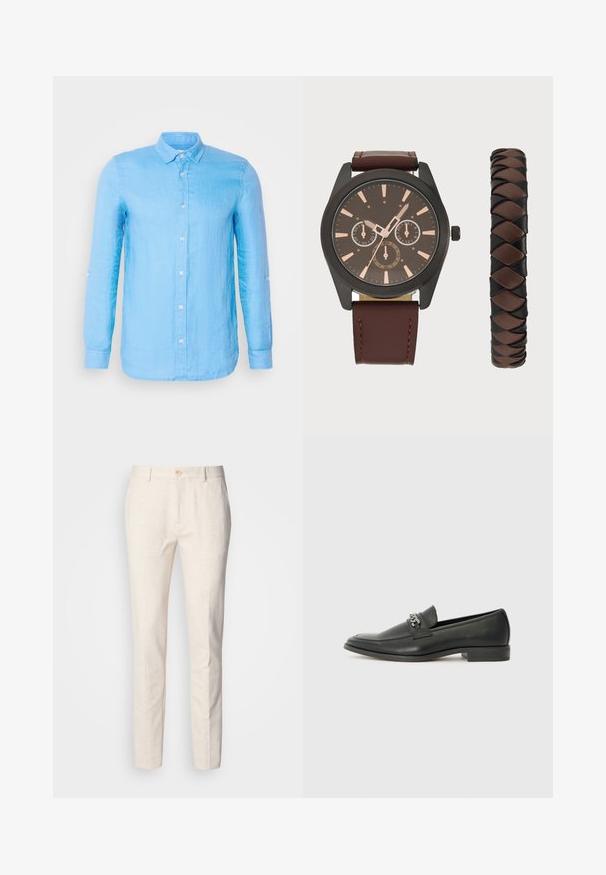 Lichtblauw, langarm overhemdd met knopen in een textuurstof. Heeft een klassieke kraag en witte knopen langs de voorkant en de manchetten.; Lichtbeige, op maat gemaakte broek van zachte stof. Heeft een knoopsluiting, riemlussen en een slim rechtmodel met minimale textuur.; Zwarte leren instapper met een gladde afwerking, voorzien van een gestikt ontwerp en een decoratieve metalen kettingaccent over de wreef. Platte hak.; Pier One SET - Horloge - black/brown