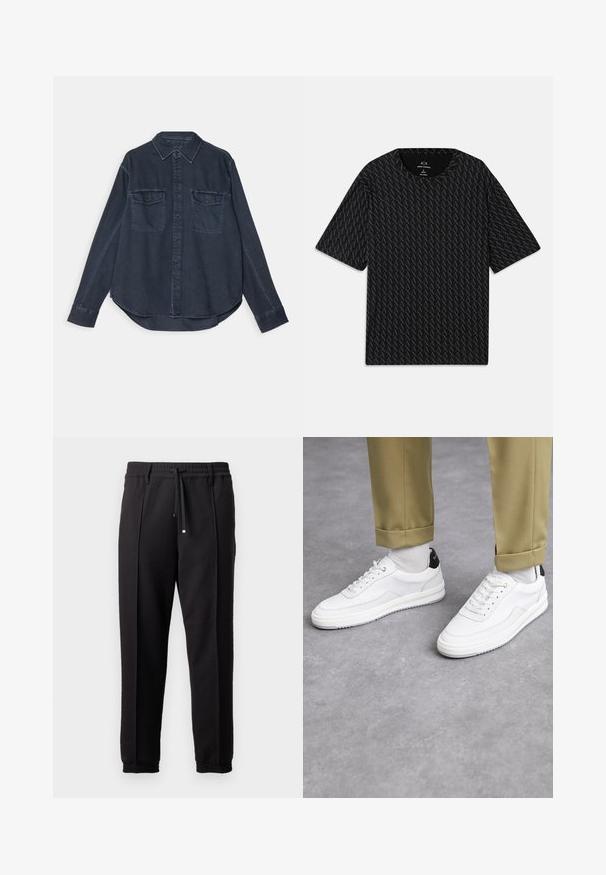 Dark blue denim shirt with a button-up front, pointed collar, two chest pockets, and long sleeves featuring buttoned cuffs.; Black T-shirt featuring a textured pattern of alternating 'A' logos, short sleeves, and a crew neckline. Made from lightweight fabric.; Black trousers with a waistband, drawstring, and elastic cuffs. Features pleats and a smooth, textured fabric.; White sneakers with a textured leather finish, rounded toe, and black heel accent. Rubber sole with small tread pattern and stitched detail.